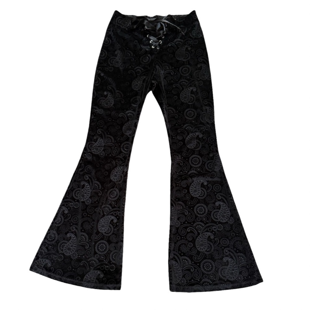 Goth Velvet Boho Gypsy Black Paisley Flare Pants - Picture 5 of 11